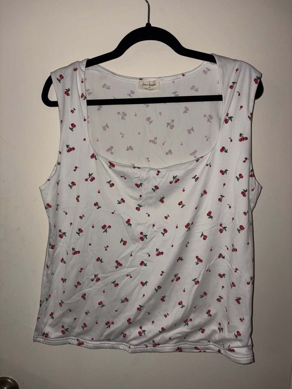 Free Kisses Women's White Sleeveless Tank Top with Cherry Print, Size 1X